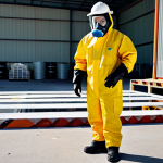 A professional emergency response team member in full, clean, and appropriate Hazmat protective gear, including a mask, helmet, gloves, and suit, standing in a natural pose. The team member is carefully inspecting an industrial facility floor where a contained, non-hazardous chemical spill simulation is being addressed during a training drill. The background shows safety barriers and industrial equipment. Fully clothed, modest clothing, appropriate attire, perfect anatomy, correct proportions, well-formed hands, natural body proportions, high-resolution professional photography, cinematic lighting, safe for work, appropriate content, family-friendly.