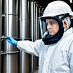** A professional hazardous materials specialist, fully clothed in appropriate safety gear, inspecting a chemical storage facility. Proper safety protocols are followed. Safe for work, appropriate content, professional, modest. Perfect anatomy, correct proportions, natural pose, well-formed hands, proper finger count, natural body proportions.

**