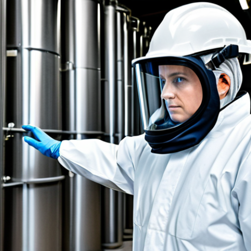 ** A professional hazardous materials specialist, fully clothed in appropriate safety gear, inspecting a chemical storage facility. Proper safety protocols are followed. Safe for work, appropriate content, professional, modest. Perfect anatomy, correct proportions, natural pose, well-formed hands, proper finger count, natural body proportions.

**