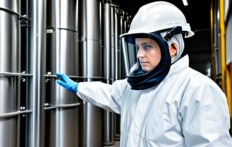 ** A professional hazardous materials specialist, fully clothed in appropriate safety gear, inspecting a chemical storage facility. Proper safety protocols are followed. Safe for work, appropriate content, professional, modest. Perfect anatomy, correct proportions, natural pose, well-formed hands, proper finger count, natural body proportions.

**