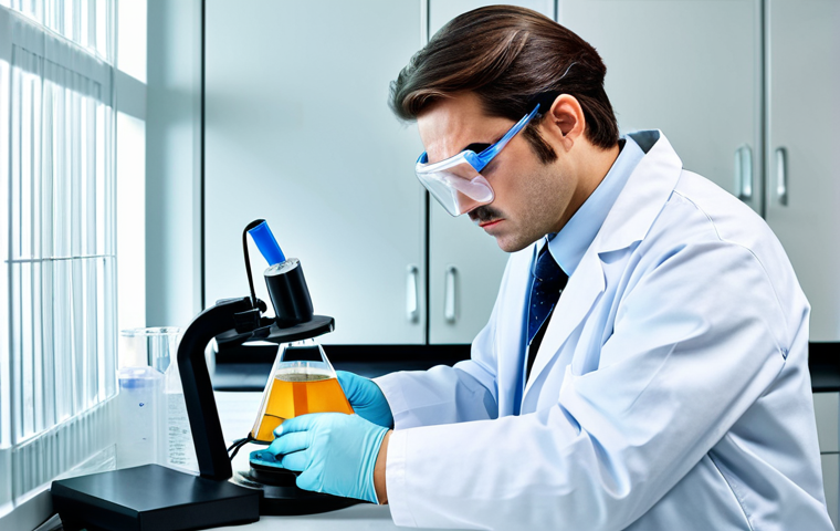 위험물관리사 면접 대비 예상 질문과 답변 - **Professional chemist in a clean lab:** A scientist wearing safety goggles and a lab coat, analyzin...