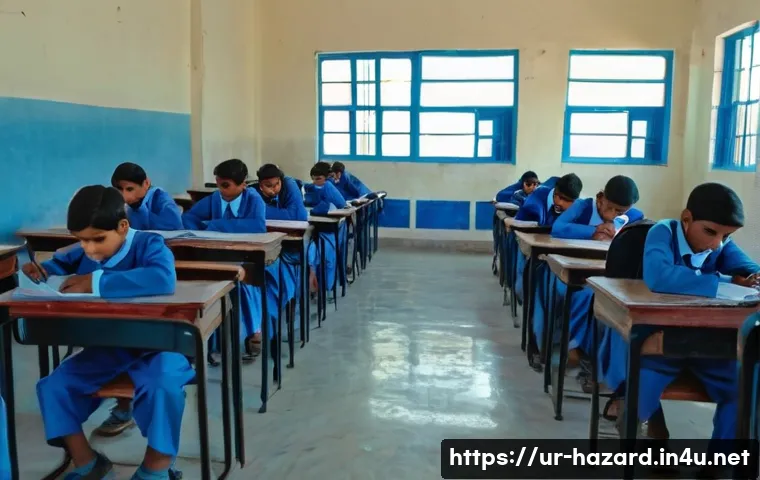위험물관리사 시험장 분위기와 유의사항 - A bright and well-organized examination hall in Pakistan with neatly arranged rows of chairs and des...