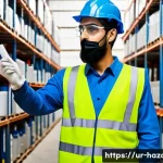 Home 22 위험물관리사 시험 응시 자격 조건 - A professional hazardous materials manager in a modern industrial warehouse in Pakistan, wearing pro...
