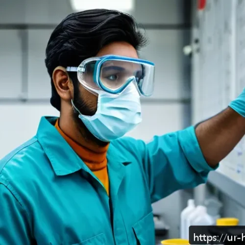 Home 31 위험물관리사 자격증 취득 후 첫 직장에서 해야 할 일 - A professional South Asian man in his late 20s wearing safety goggles, gloves, and a mask, attentive...
