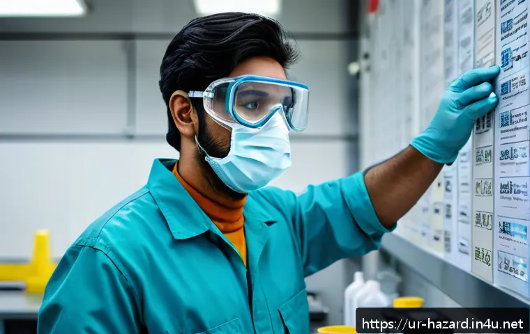 위험물관리사 자격증 취득 후 첫 직장에서 해야 할 일 - A professional South Asian man in his late 20s wearing safety goggles, gloves, and a mask, attentive...