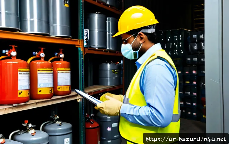 Home 17 위험물관리사 실무 환경에서의 안전 관리 노하우 - Photorealistic Pakistani hazardous materials safety manager conducting a careful warehouse inspectio...