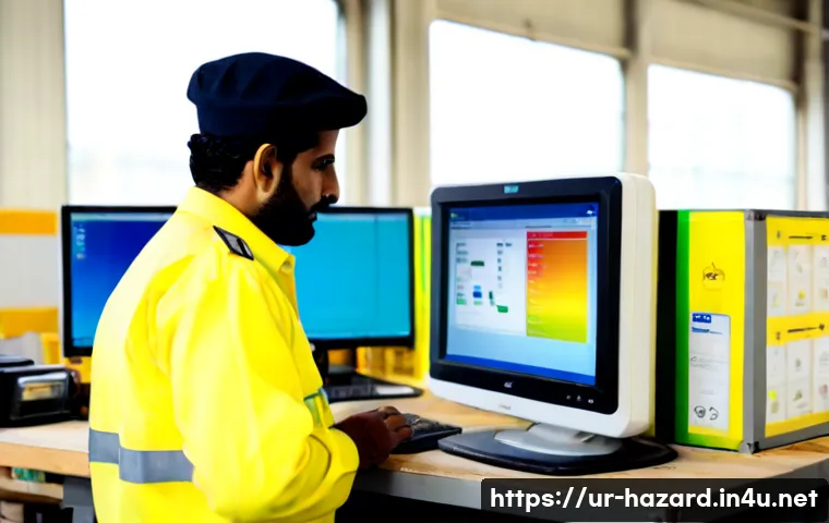 Home 17 위험물관리사 실무용 프로그램 활용법 - Photorealistic Pakistani industrial safety officer using a hazardous materials management software d...